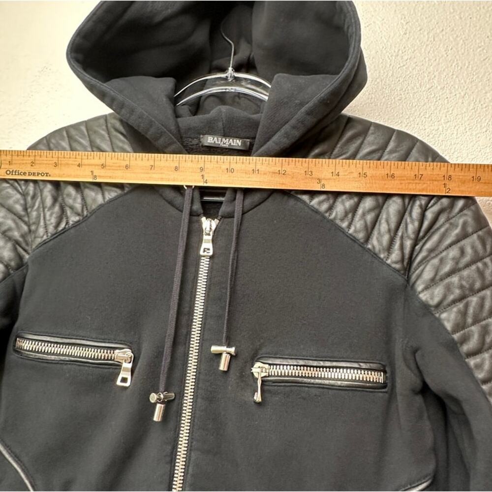 FUC Balmain Black Moto Hoodie Jacket Quilted Leather Shoulder Zip Sweatshirt M - Picture 13 of 15